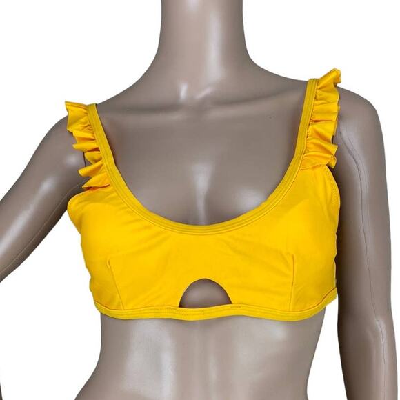 New Women's Yellow Ruffled Strap Scoop Neck Cutout Padded Swim Top Size L - Picture 1 of 5